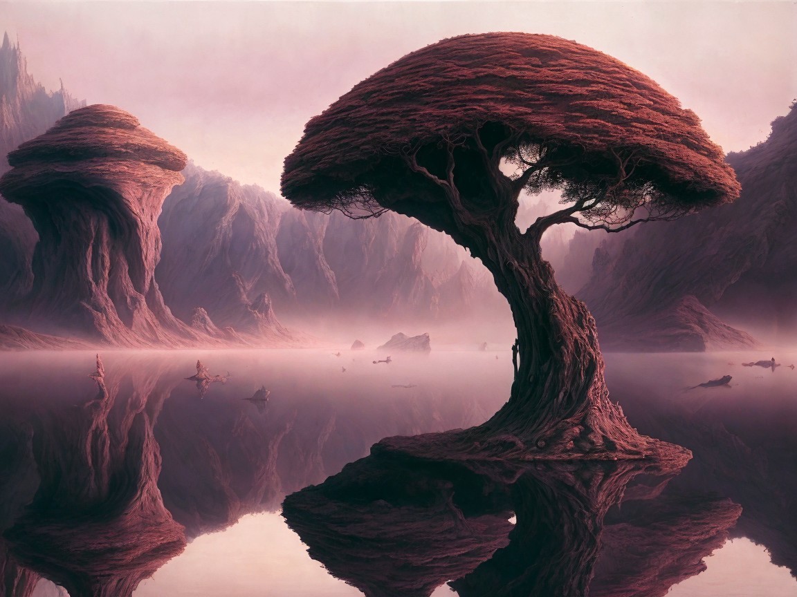 Surreal Landscape with Unique Tree and Misty Backdrop