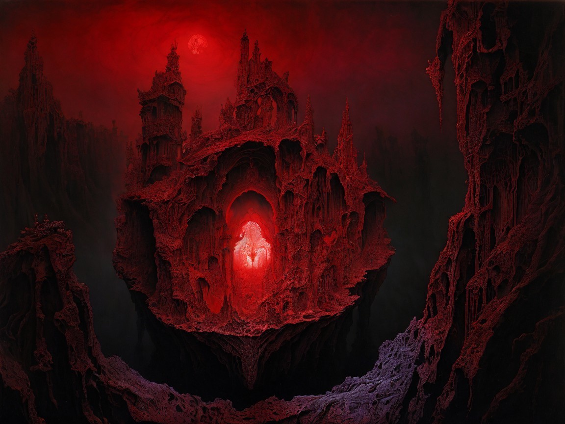Surreal Landscape with Dark Rocks and Towering Castles