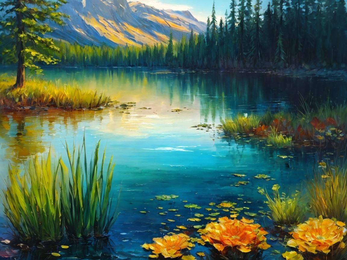 Tranquil Lake Surrounded by Lush Greenery and Mountains