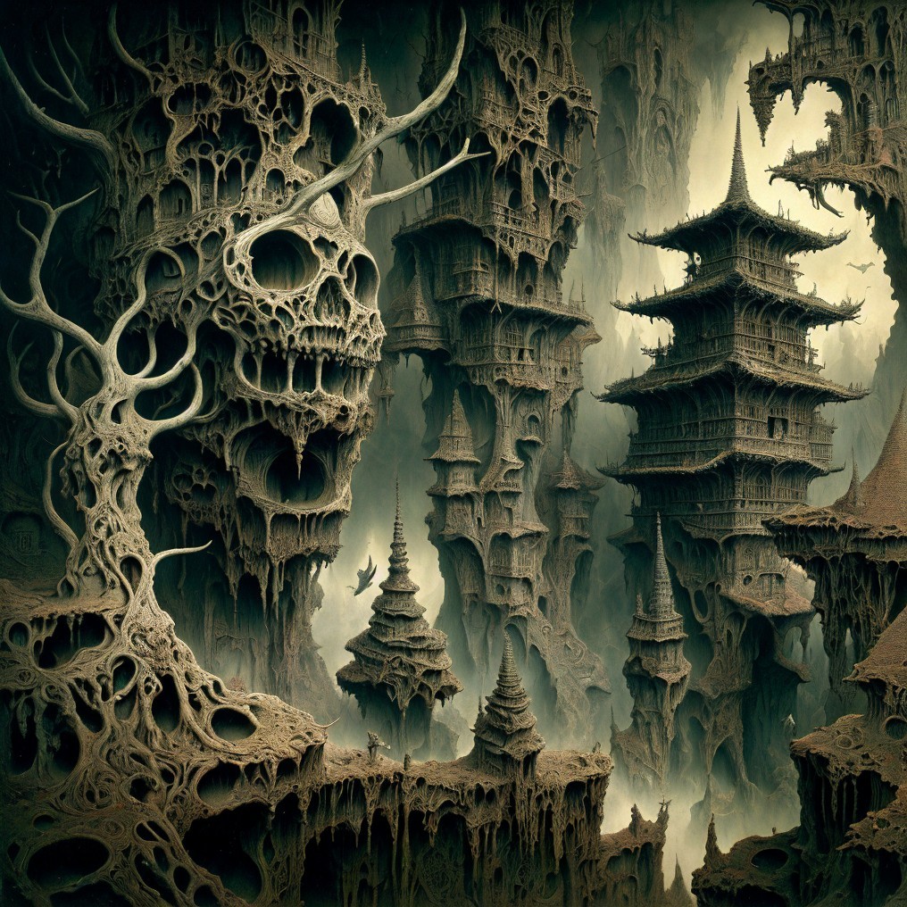Eerie Landscape with Skull-Like Structures and Pagodas