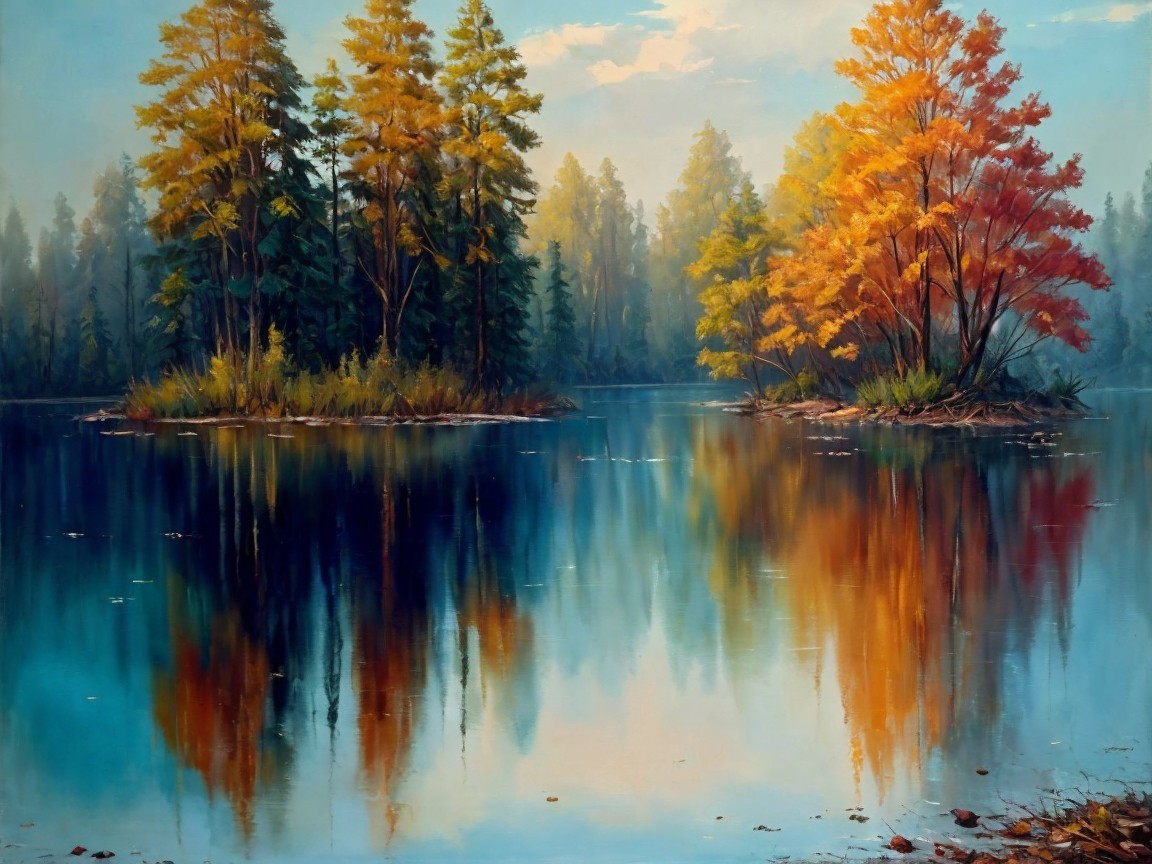 Tranquil Lake Surrounded by Autumn Foliage and Mist