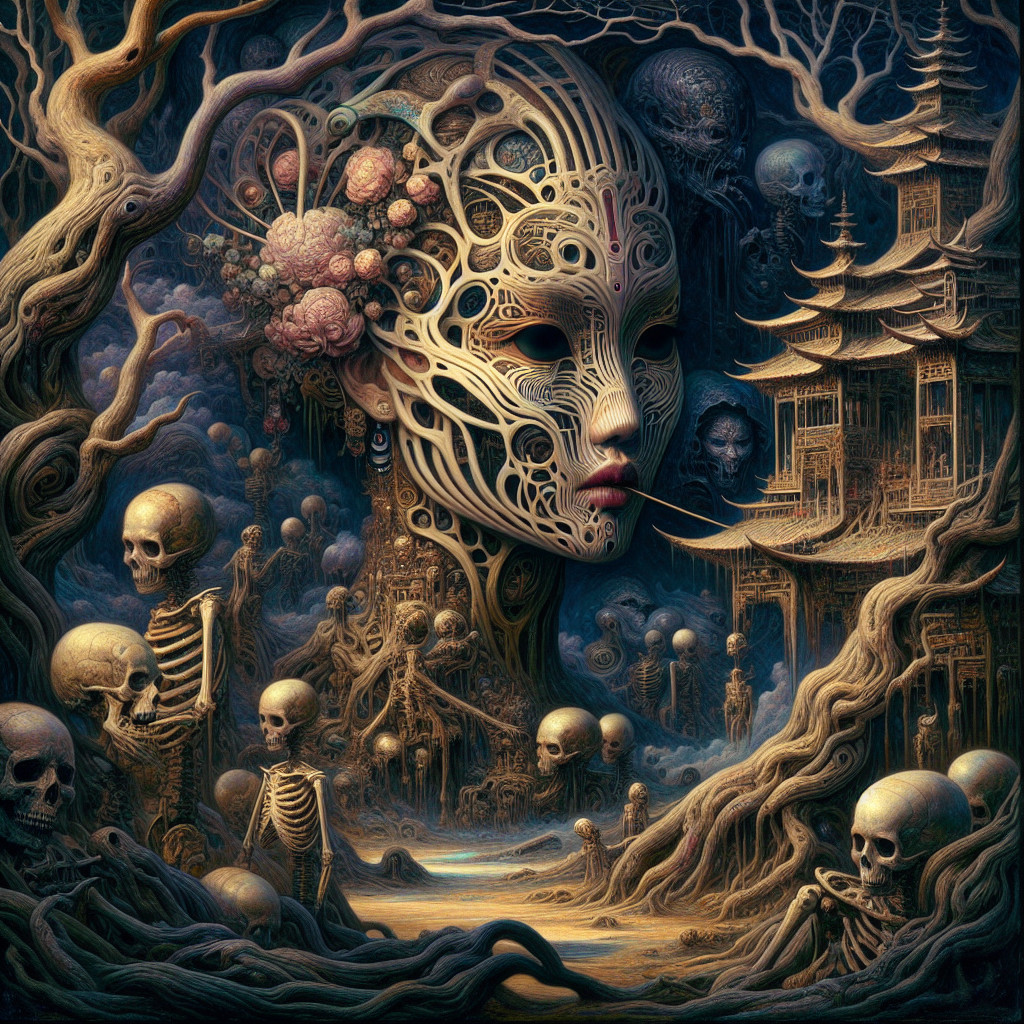 Surreal Landscape with Mask Figure and Skeletal Forms