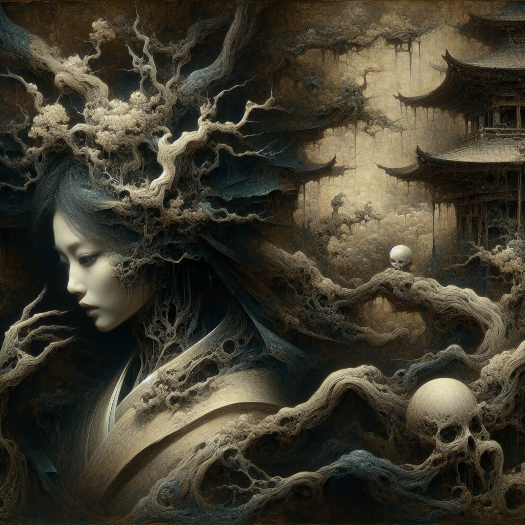 Haunting Figure with Roots and Eerie Surroundings
