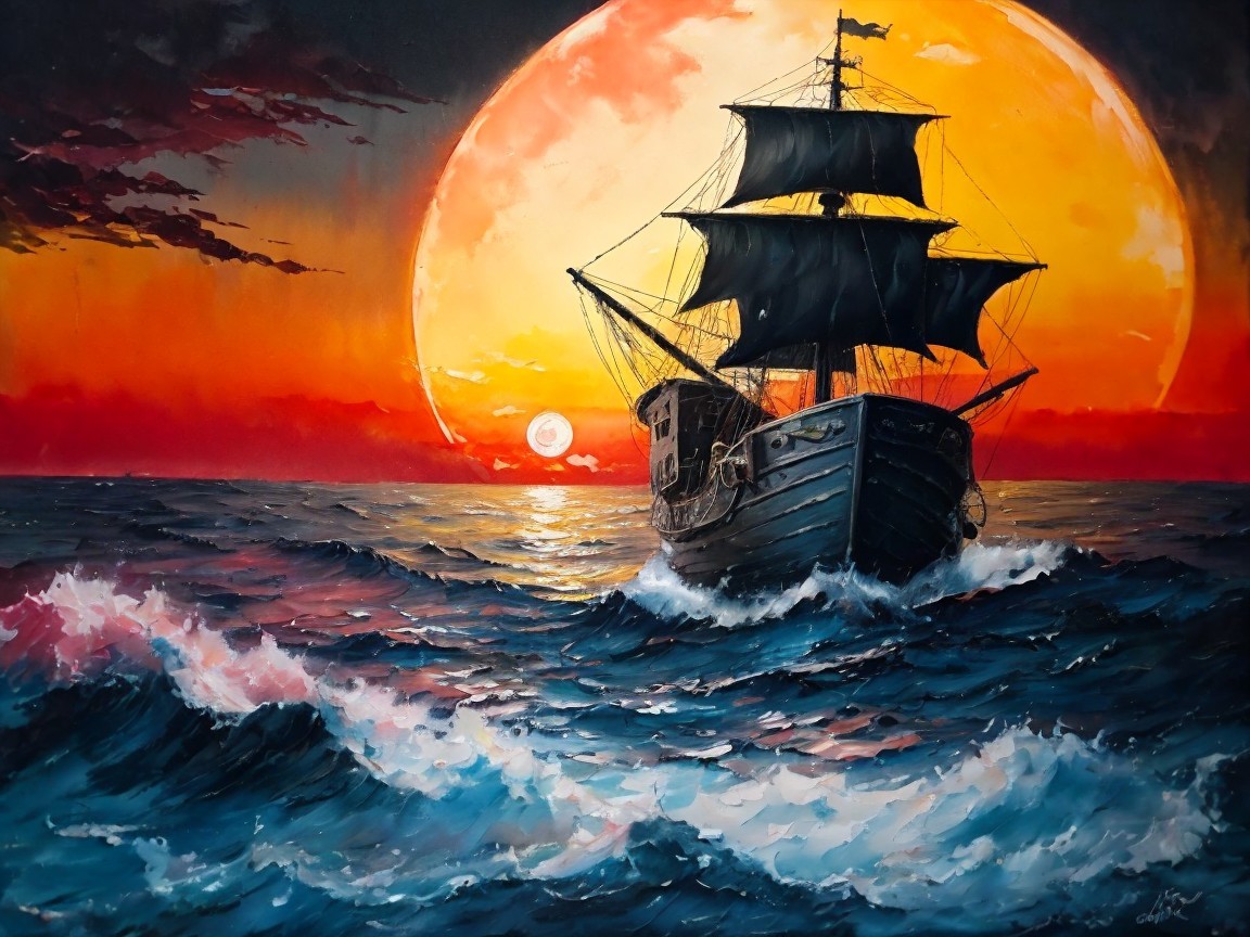 Majestic Ship Sailing Through Vibrant Sunset Waves