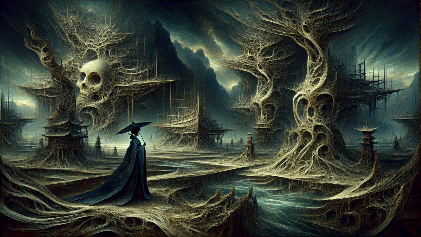 Surreal Landscape with Skeletal Trees and Eerie Structures