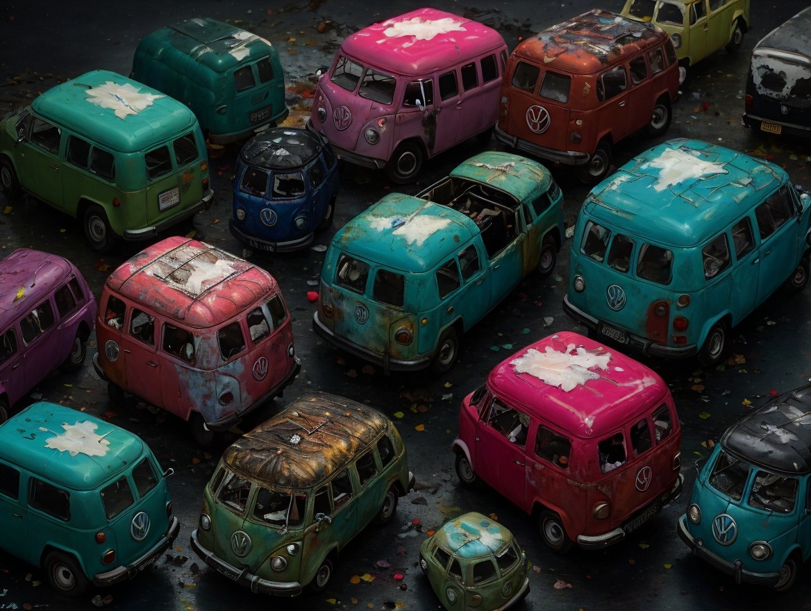 Vintage Volkswagen Vans in Various Colors on Dark Surface