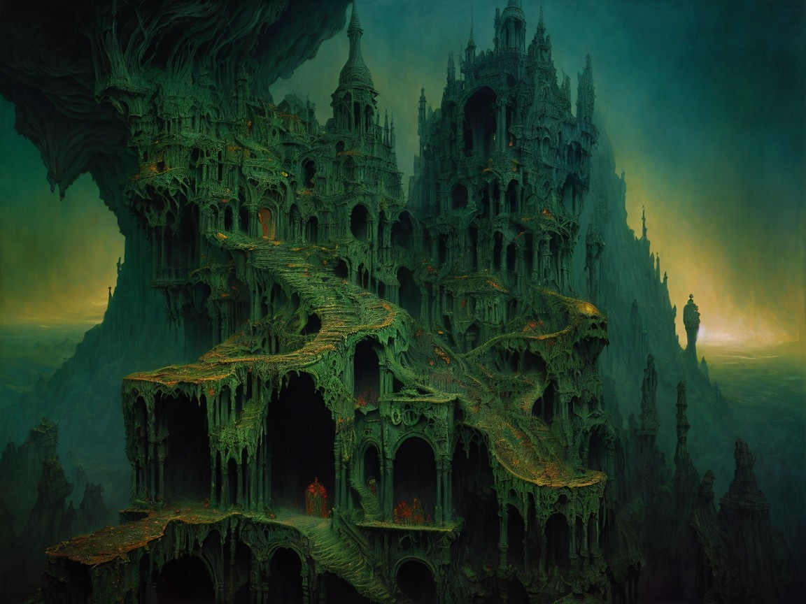 Surreal Landscape with Moss-Covered City and Spires
