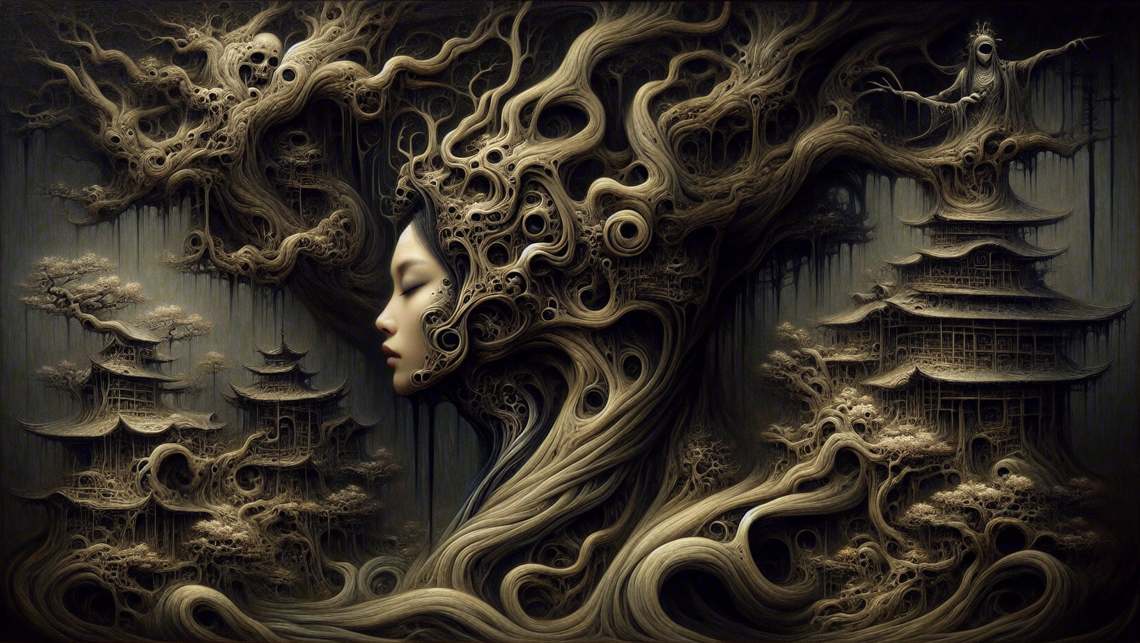 Surreal Artwork of Woman and Gnarled Tree Fusion