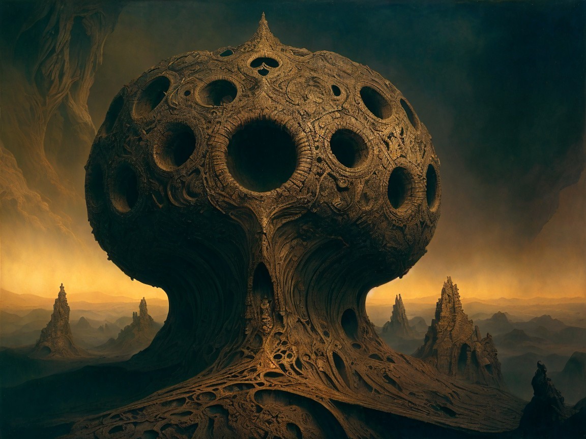 Surreal Landscape with Hollow Dome and Jagged Rocks