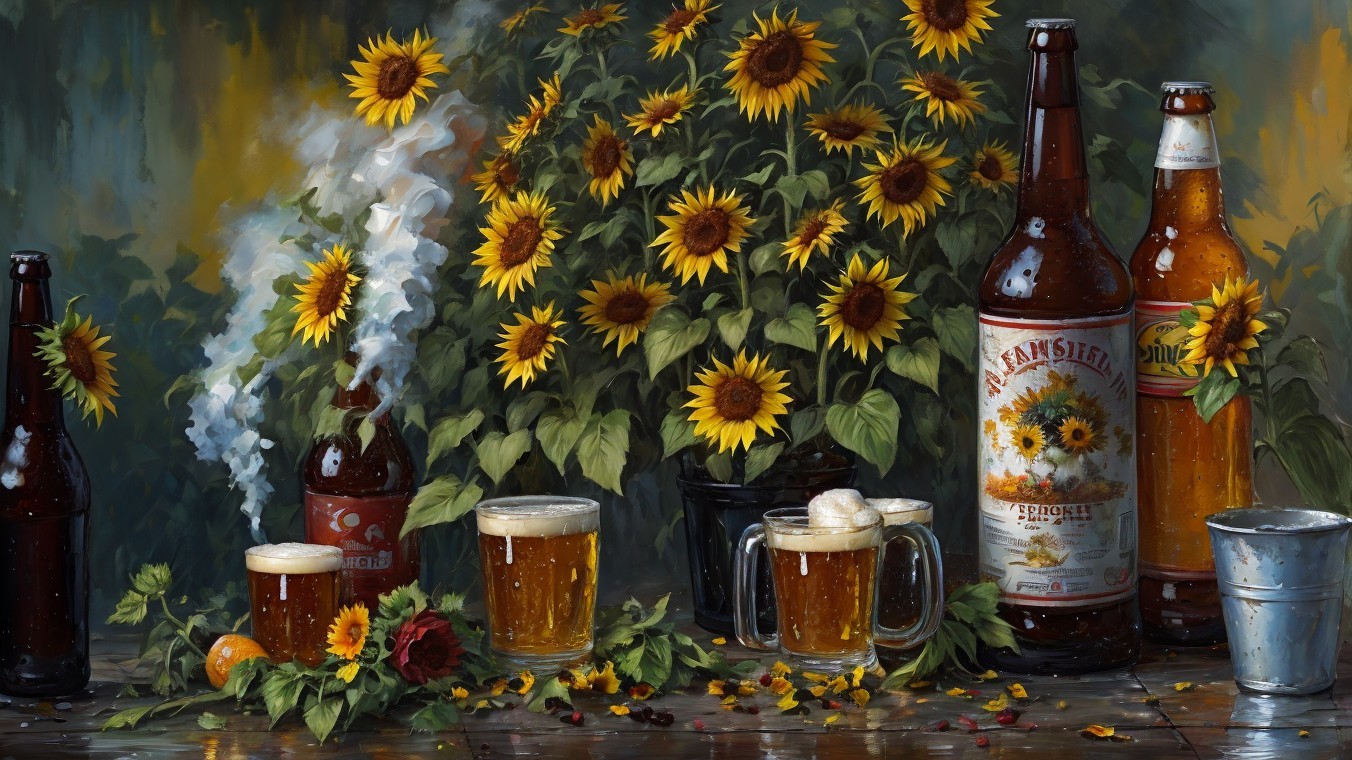 Still Life of Beer Bottles and Sunflowers