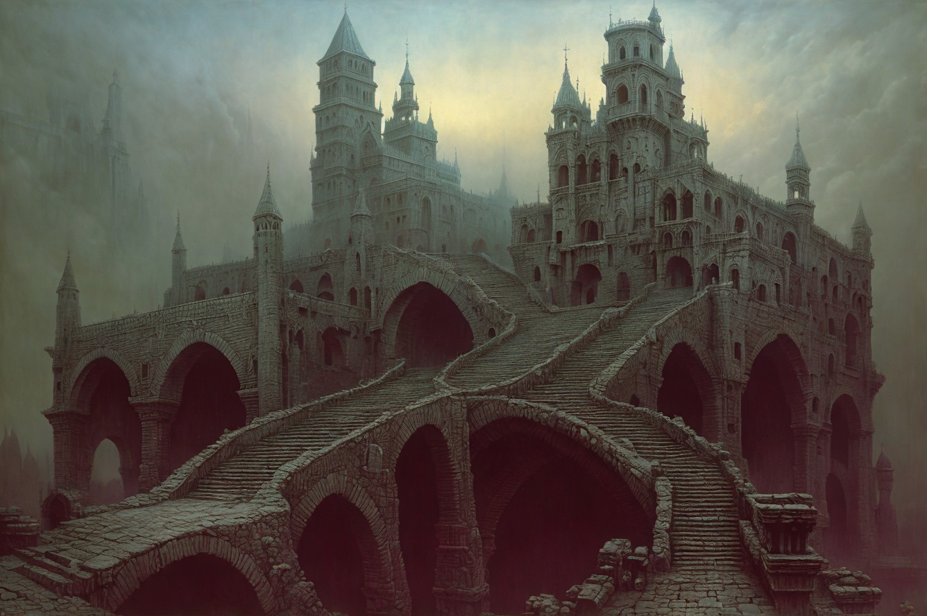 Ancient stone castle with towering structures and mist