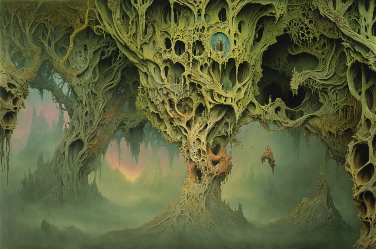 Surreal Landscape with Twisted Trees and Ethereal Light