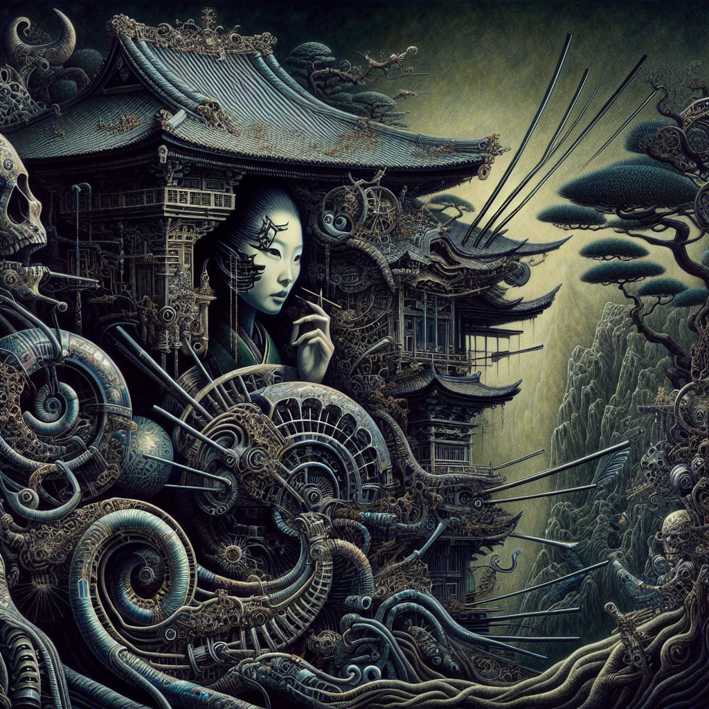 Surreal Temple with Mechanical and Organic Elements