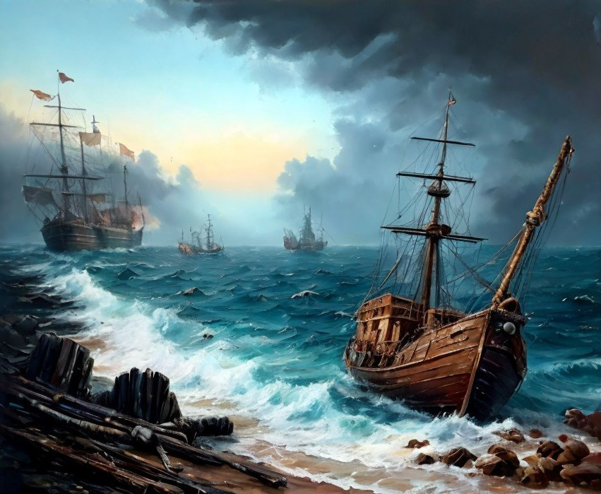 Dramatic Seascape with Sailing Ships and Stormy Waves