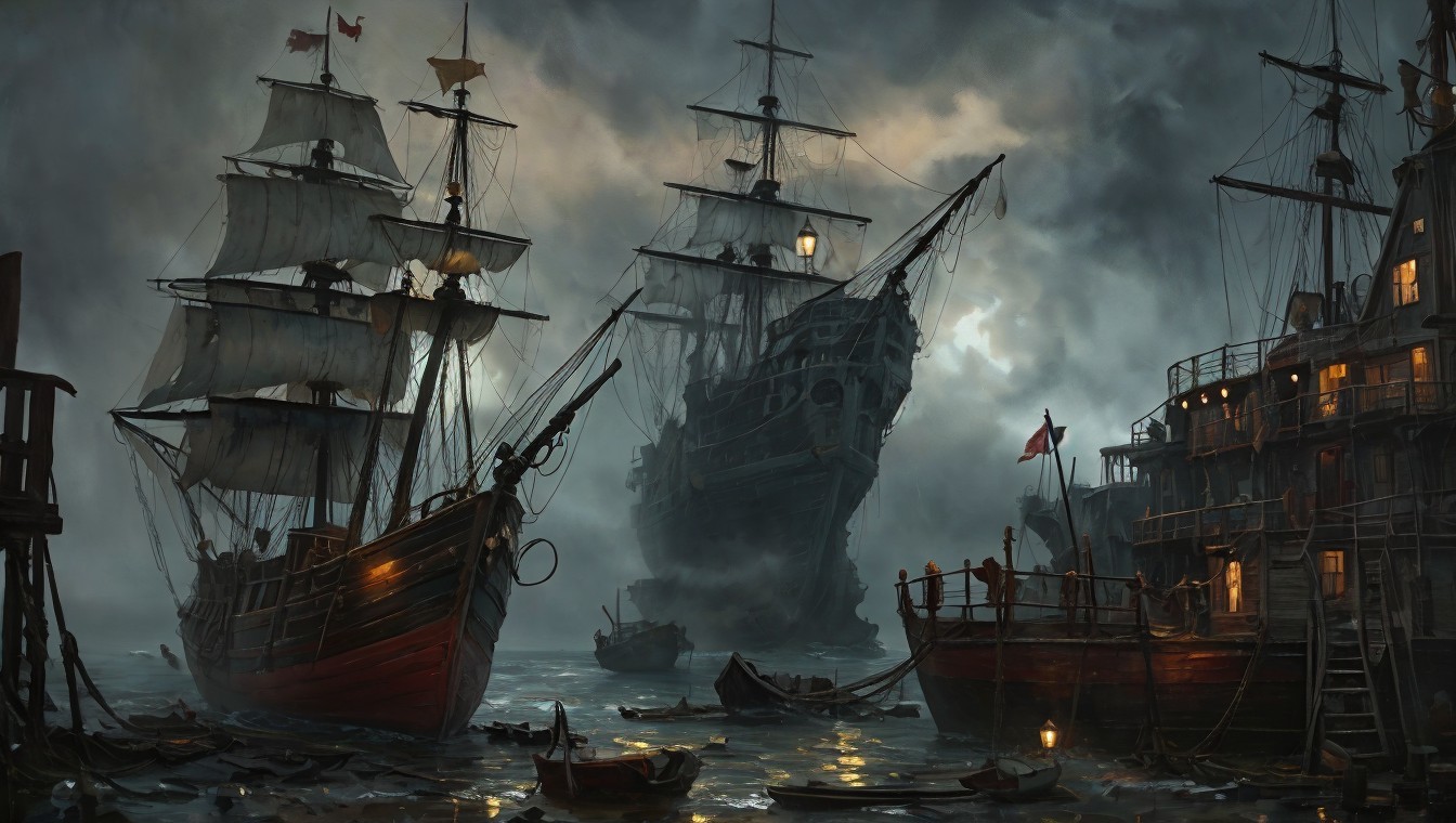 Dramatic Harbor Scene with Majestic Ships and Stormy Sky