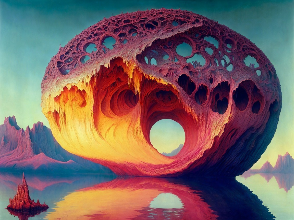 Surreal Landscape with Hollow Orb and Vibrant Colors