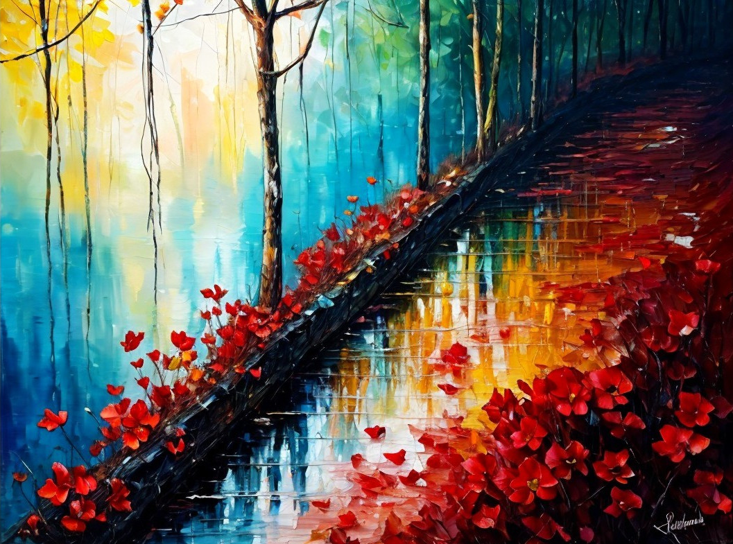 Serene landscape with winding path and vibrant flowers