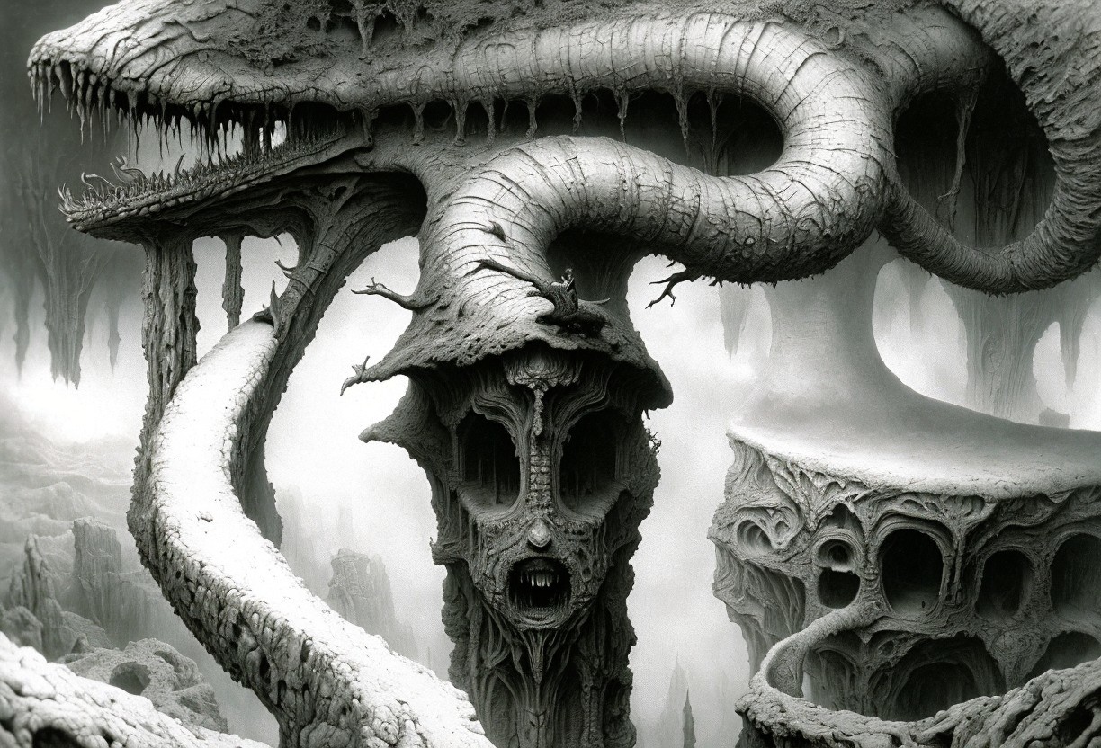 Surreal Monochromatic Landscape with Skeletal Structures