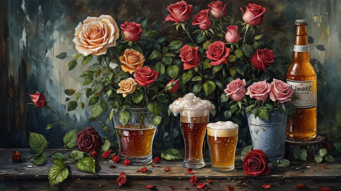 Vibrant Still Life of Roses and Beer Glasses