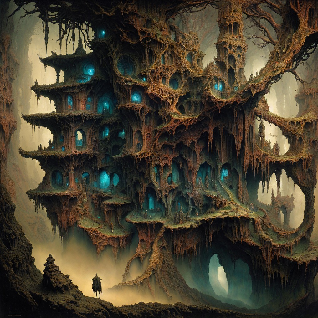 Surreal Structure in Eerie Landscape with Blue Lights
