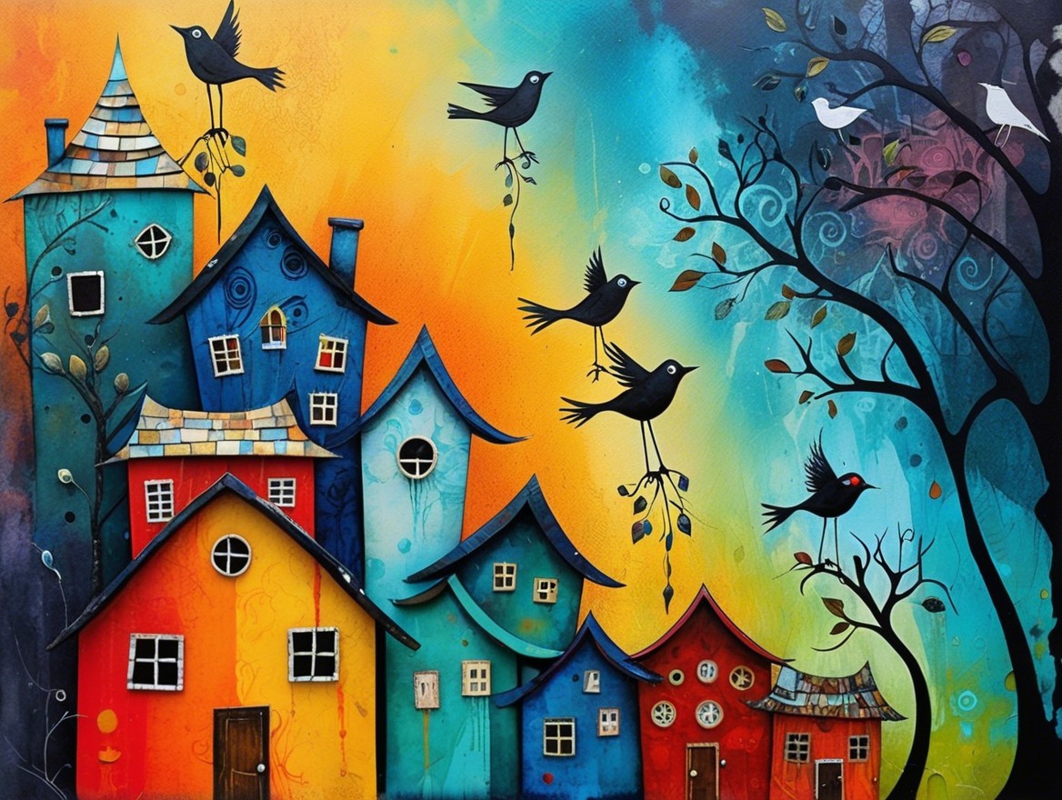 Colorful Houses and Birds in a Whimsical Scene