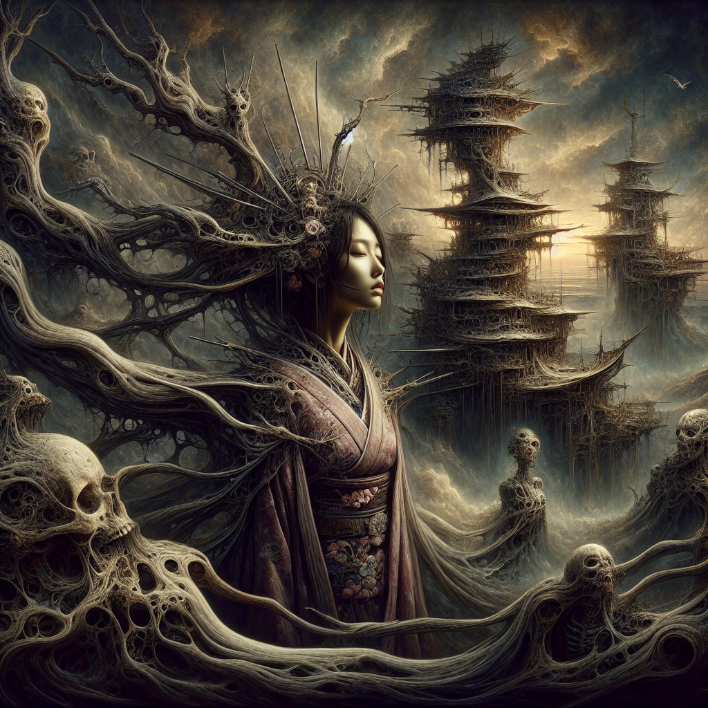 Surreal Landscape with Woman in Intricate Kimono