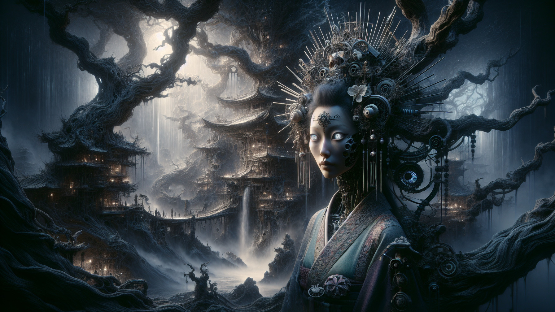 Mystical Landscape with Serene Figure and Pagodas