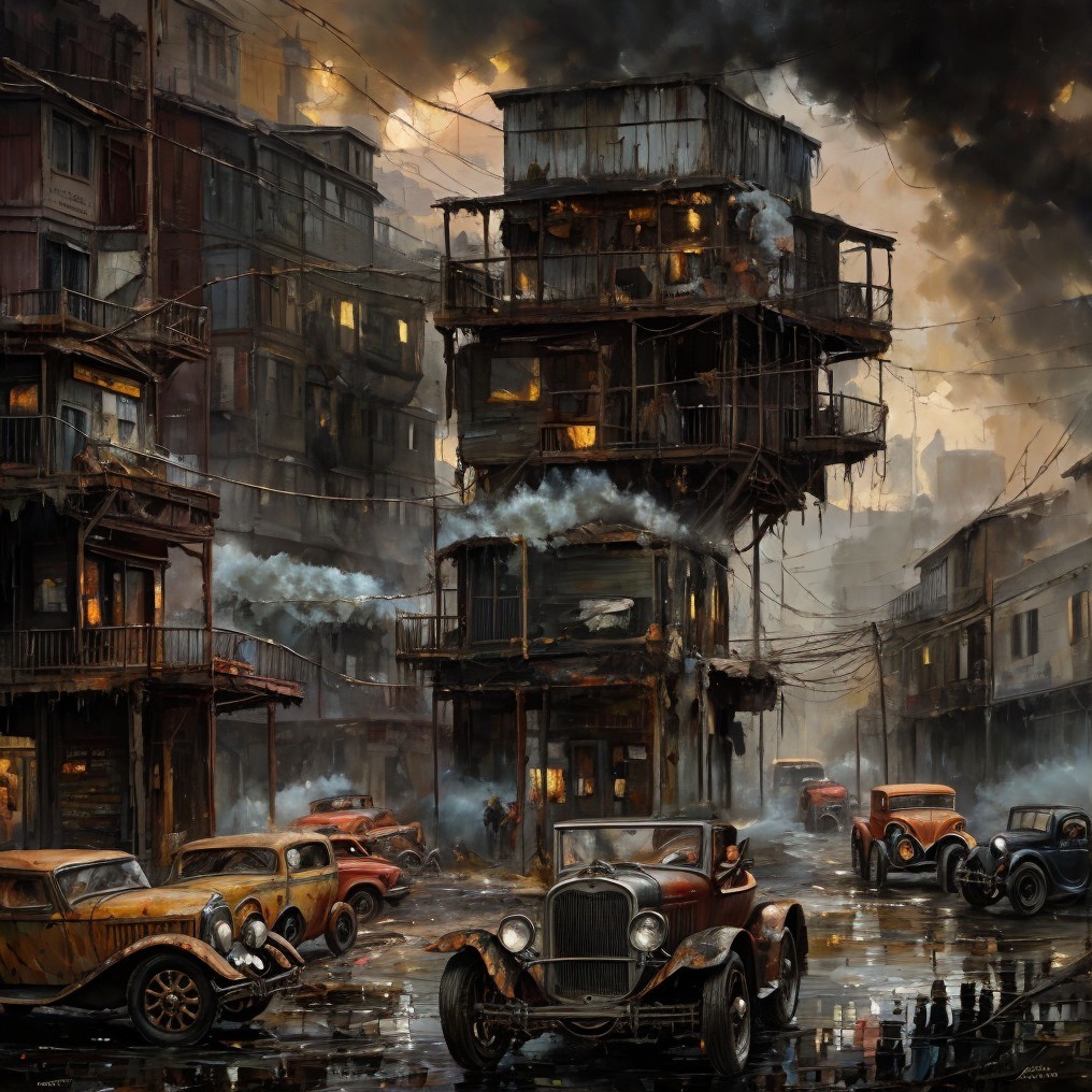 Vintage Cars in Gritty Urban Rainy Atmosphere