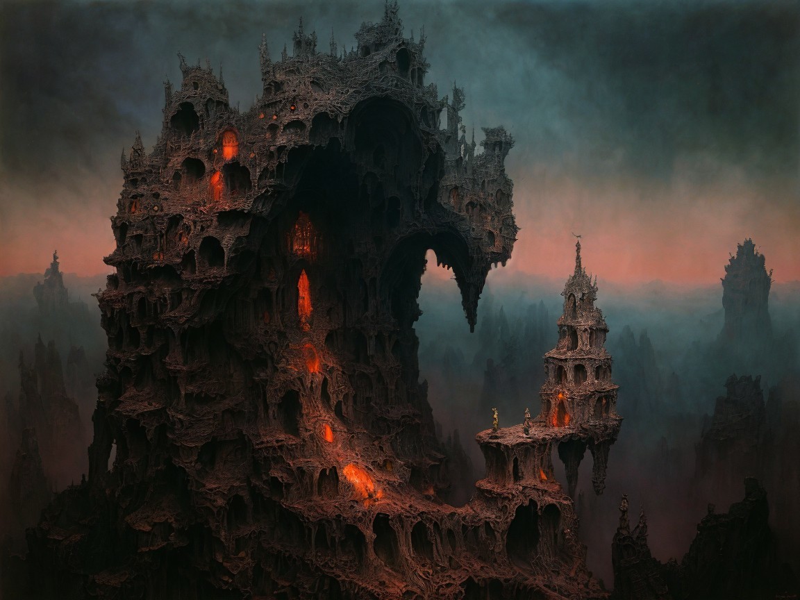 Dark Fantasy Landscape with Gothic Castle Structures