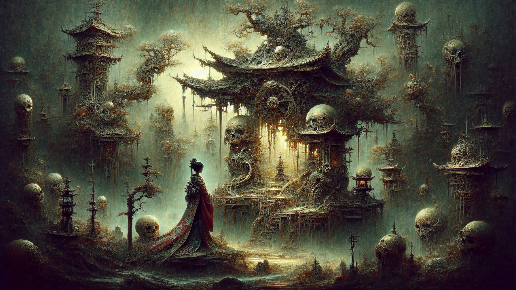 Mysterious Landscape with Gothic Architecture and Temple