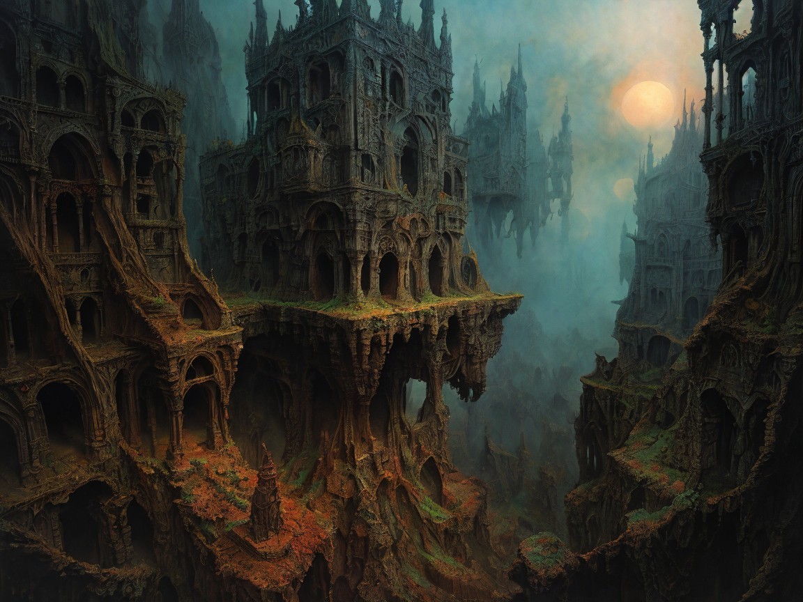 Surreal Gothic Landscape with Floating Structures