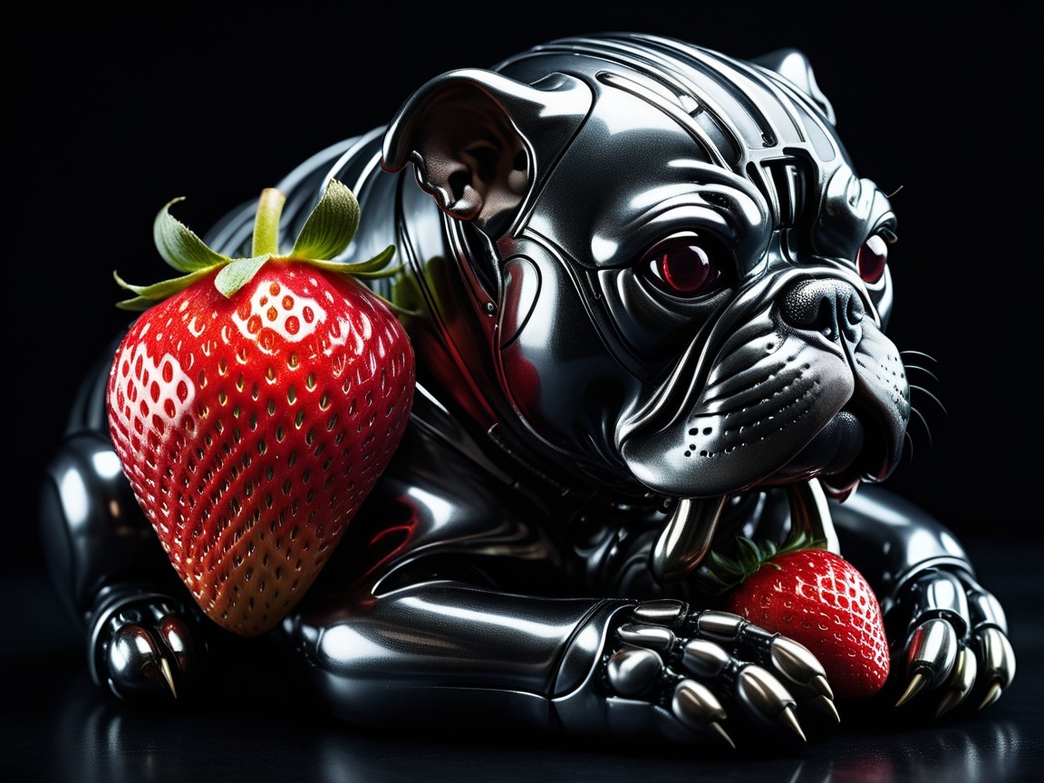 Futuristic Metallic Bulldog and Red Strawberry Contrast