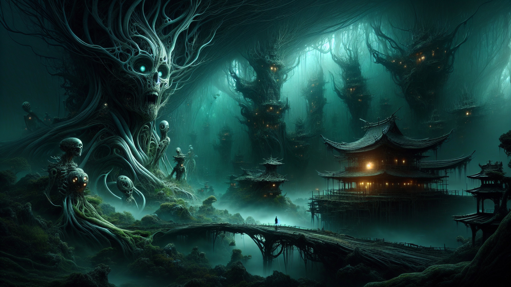 Mystical Forest with Glowing Trees and Ancient Temple