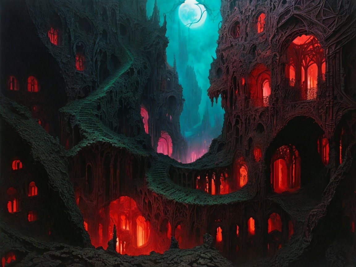 Surreal Dark Fantasy Landscape with Twisted Architecture