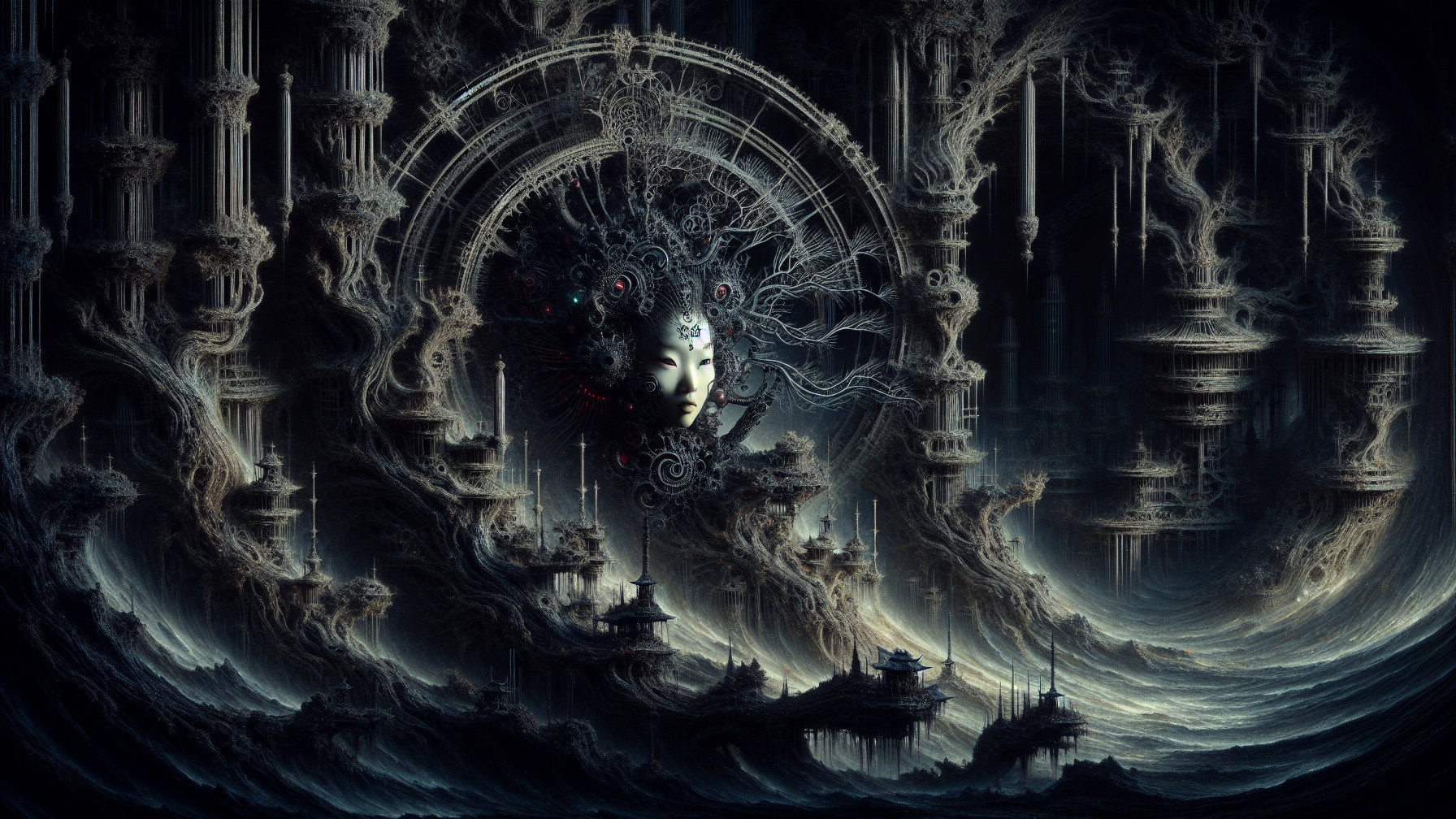 Surreal Landscape with Ethereal Structures and Face