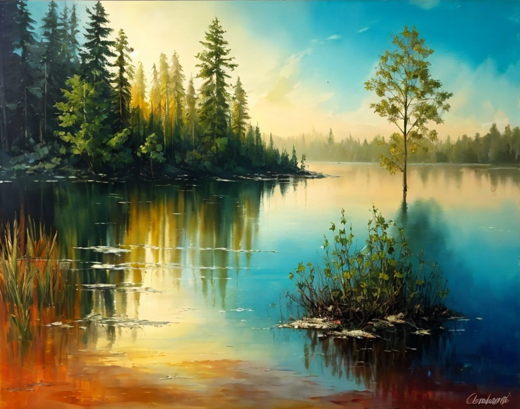 Tranquil Lake Landscape with Lush Trees and Reflection