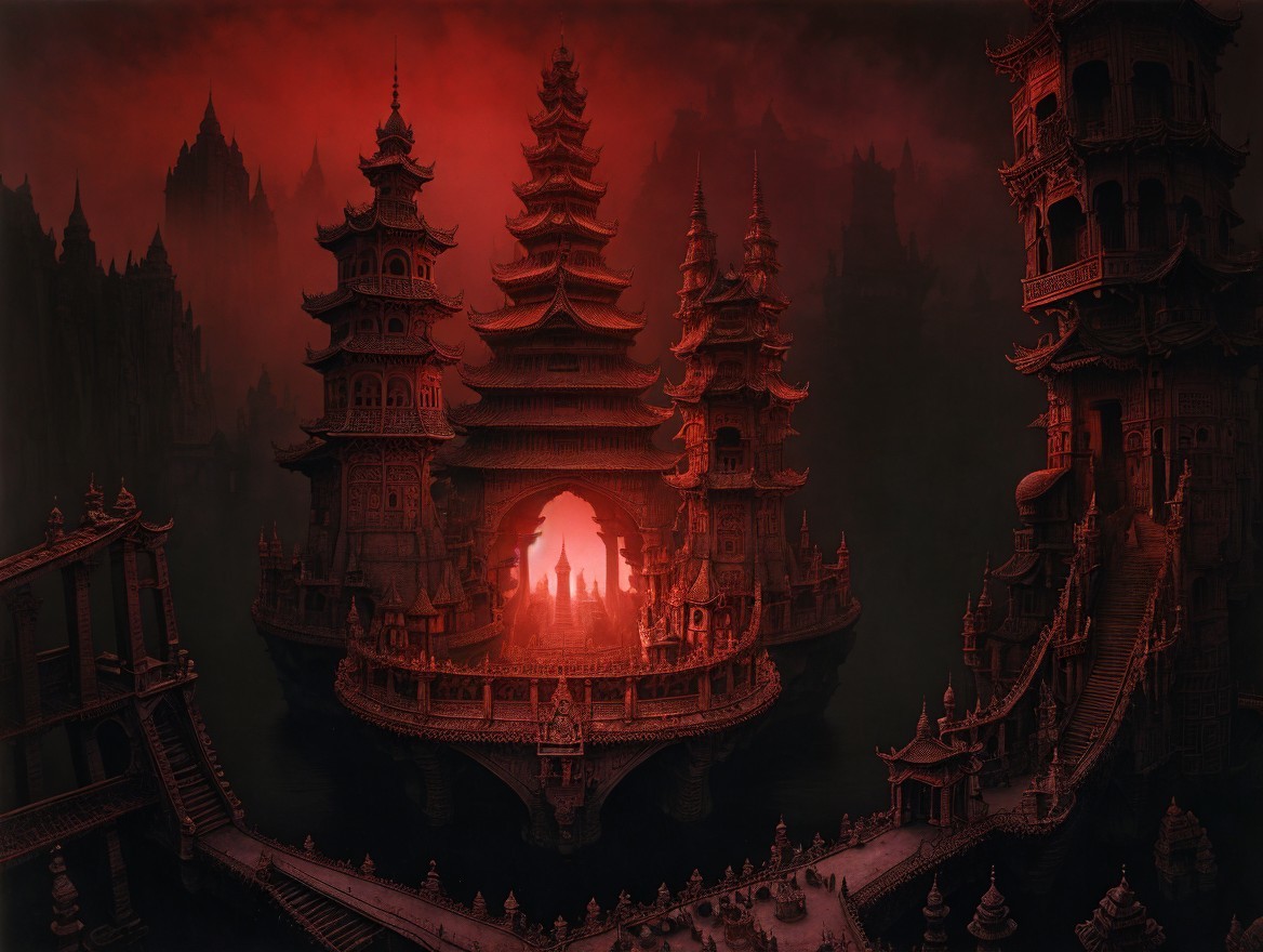 Red-Hued Landscape with Ancient Asian Architecture