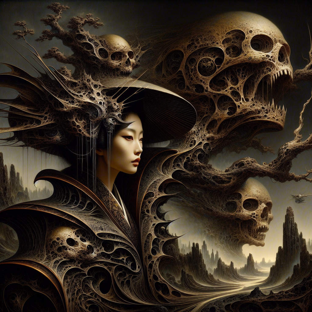 Intricate Artwork of Serene Figure in Surreal Landscape