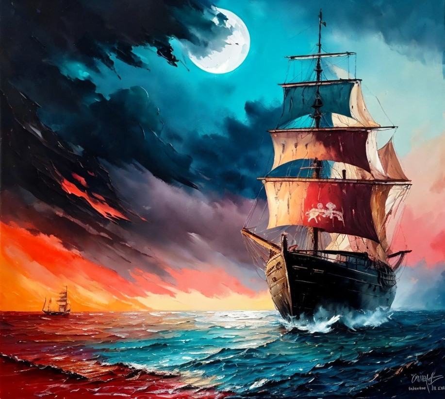 Dramatic Seascape with Pirate Ship and Stormy Sky