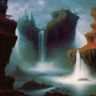 Vibrant Impasto Oil Painting of Waterfall Landscape