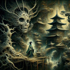 Eerie Landscape with Skull-Like Structures and Pagodas