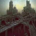 Ancient stone castle with towering structures and mist