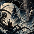 Vibrant Abstract Composition with Reflective Sphere and Water