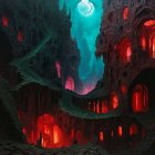 Surreal Urban Landscape with Twisting Buildings and Moon