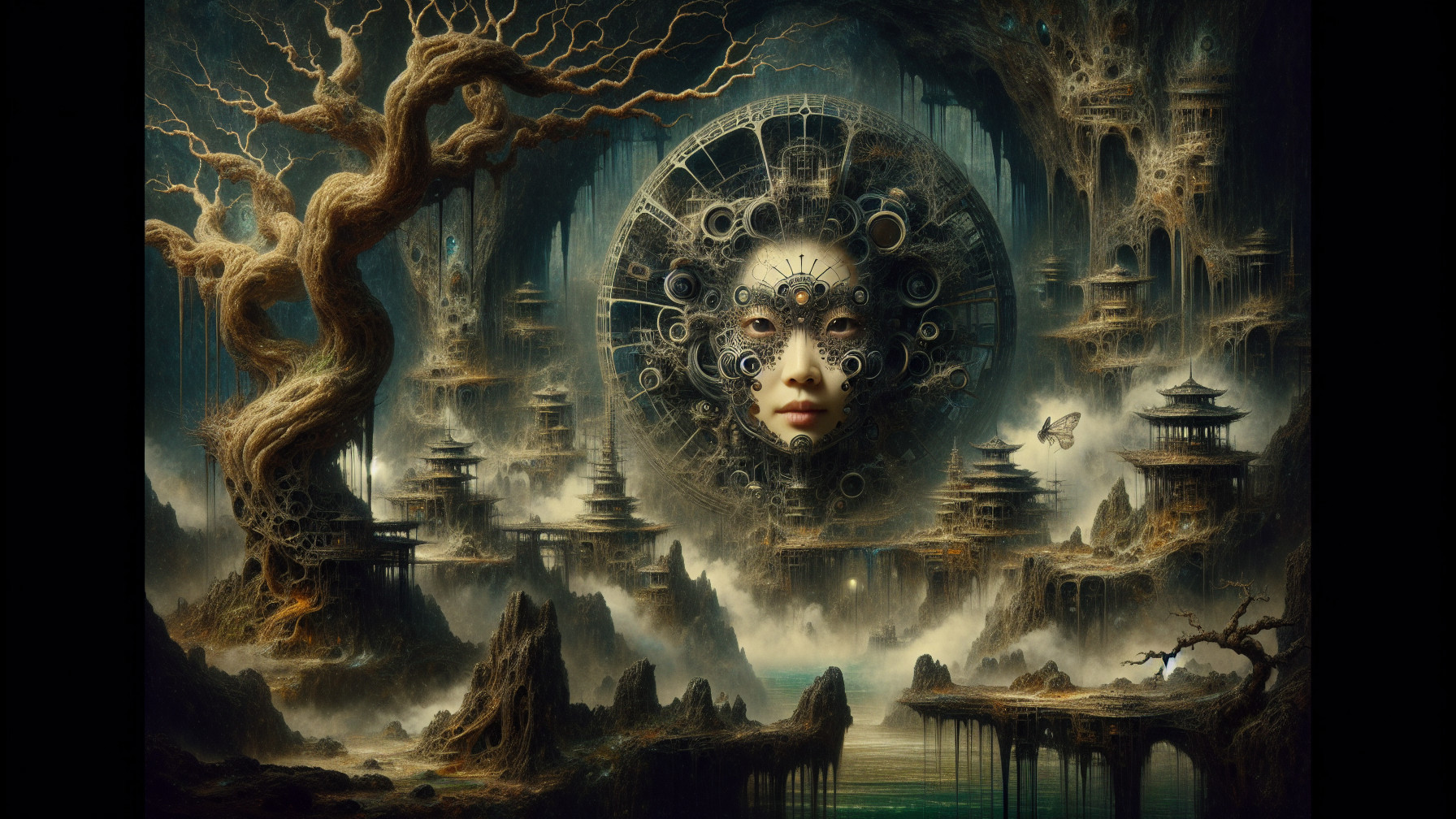 Surreal Landscape with Ancient Ruins and Mystical Elements