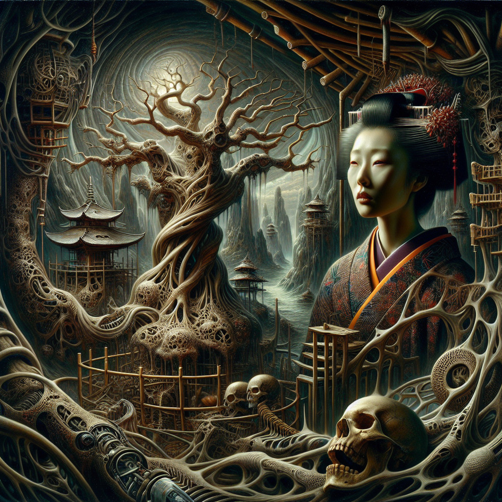 Surreal Japanese Landscape with Traditional Attire and Pagodas