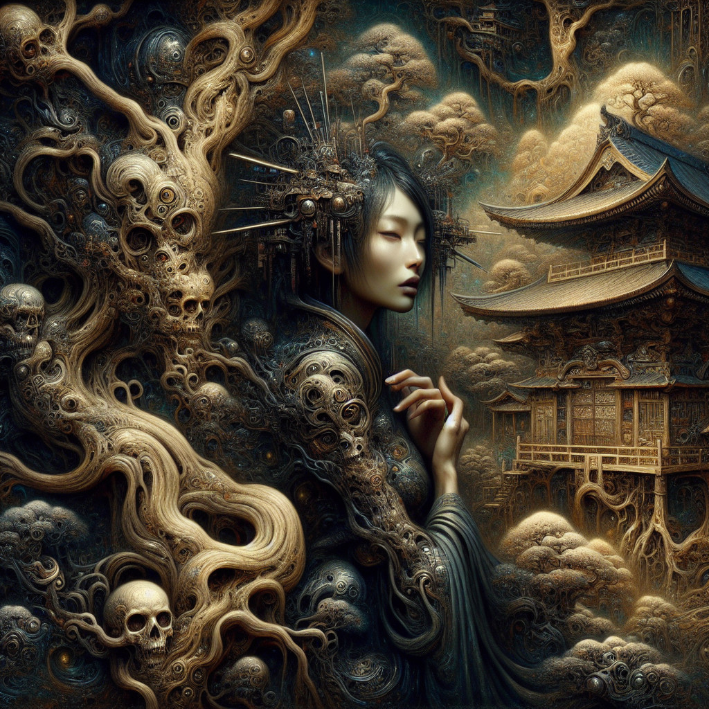 Mystical Scene with Young Woman and Asian Pagoda