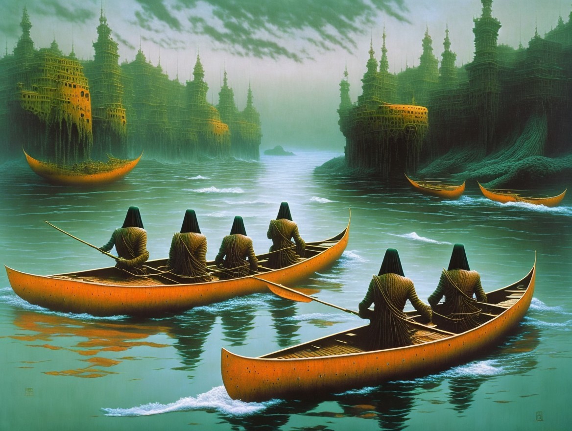 Surreal Landscape with Dark Figures and Misty River