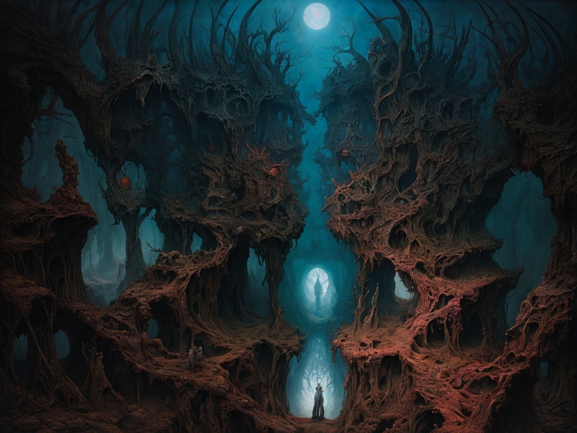 Surreal Twilight Landscape with Gnarled Trees and Fog
