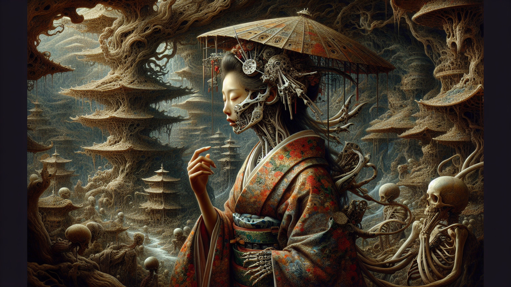 Serene figure in kimono with parasol in surreal landscape